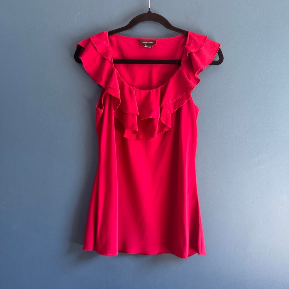 Y2K Ruffle Blouse Women's Size Small Pink Spense V Neck Preppy Tuscan Mom Twee